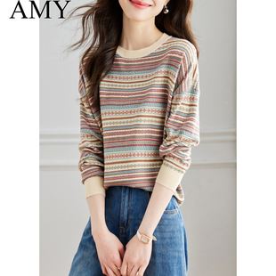 2026早春新款 女士 设计感小众条纹上衣圆领宽松休闲复古打底针织衫