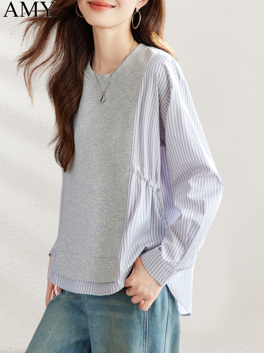 2026春装新款减龄假两件无帽休闲卫衣微胖遮肚子洋气小众上衣女士