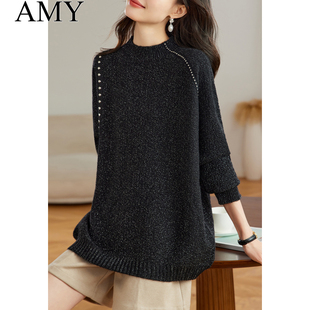 赫本风钉珠套头时尚 毛衣2025新款 上衣女厚 遮肚子休闲宽松长袖 冬季