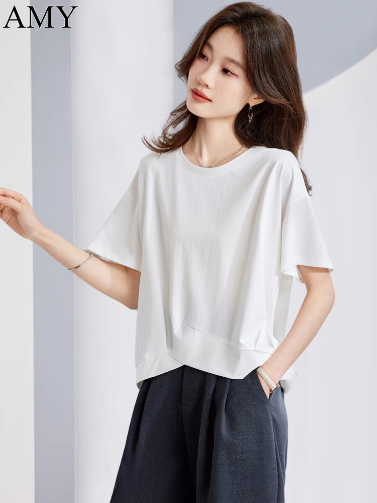 2026夏装新款洋气不规则圆领基础款白色T恤小个子短款套头上衣女