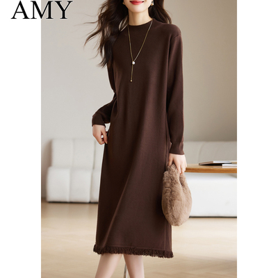 2025冬季新款配大衣内搭针织衫连衣裙宽松长款过膝半高领毛衣裙女