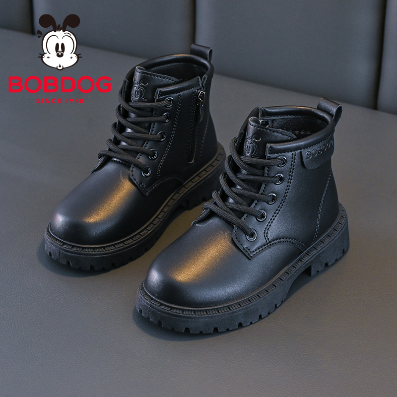 巴布豆童鞋男童黑色靴子2025新款加绒短靴保暖加厚冬鞋儿童马丁靴