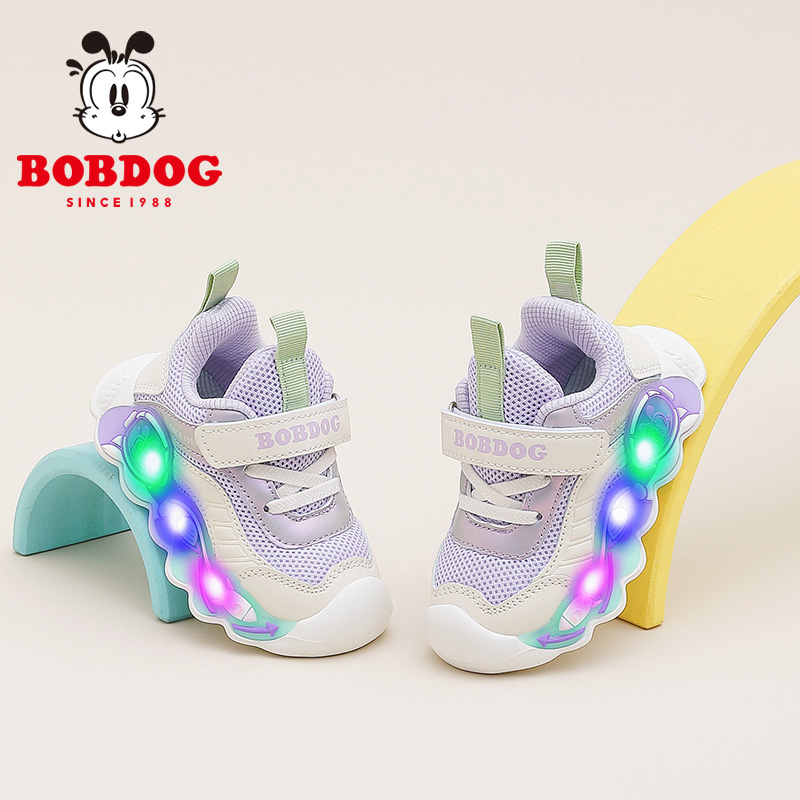 巴布豆童鞋官方旗舰店女童闪灯鞋2025新款幼童软底春秋宝宝学步鞋