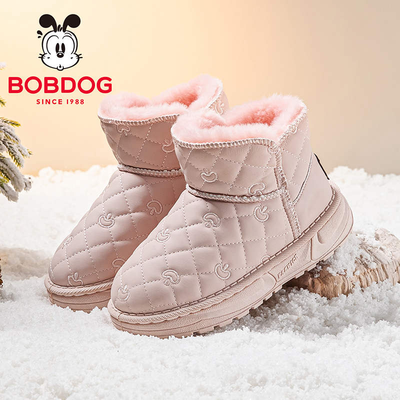 巴布豆童鞋女童加绒雪地靴2025新款冬季加厚雪地棉小女孩儿童短靴