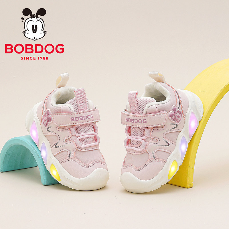 巴布豆童鞋女童发光鞋2025新款宝宝鞋子加绒女宝二棉鞋儿童学步鞋