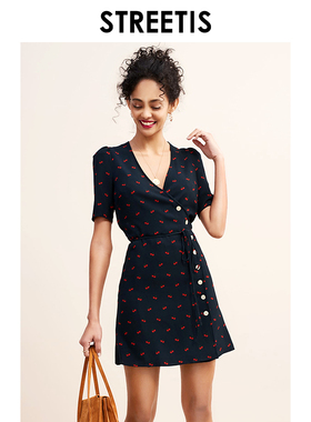 法式连衣裙茶歇裙小个子连衣裙夏印花v领裙雪纺裙小黑裙a字连衣裙