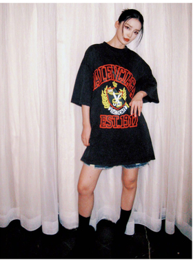 STA国潮美式李沁同款春夏季赛车小字体印花重磅纯棉短袖T恤情侣男