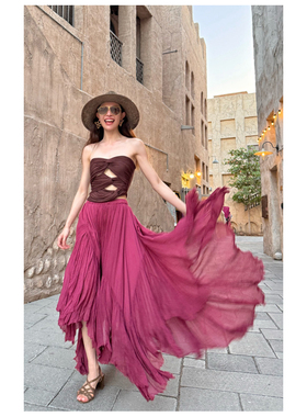 钟楚曦同款褶皱抹胸上衣高腰不规则百褶半身裙宽松显瘦大摆裙纯欲