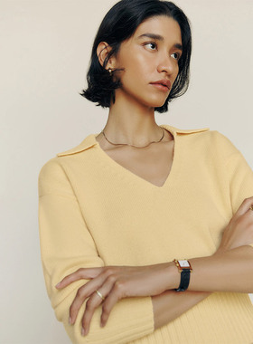 毛织上衣女2024秋新款V领羊毛针织衫黄色长袖毛衣套头衫法式慵懒