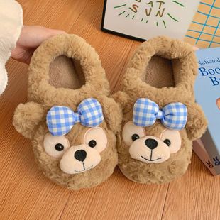外穿 可爱小猴外穿厚底居家防滑包跟加绒保暖月子鞋 棉拖鞋 女秋冬季