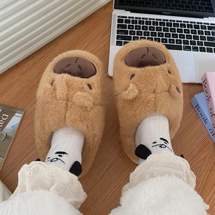 毛绒棉拖 可爱卡通居家外穿两用情侣款 毛茸茸卡皮巴拉棉拖鞋 女新款