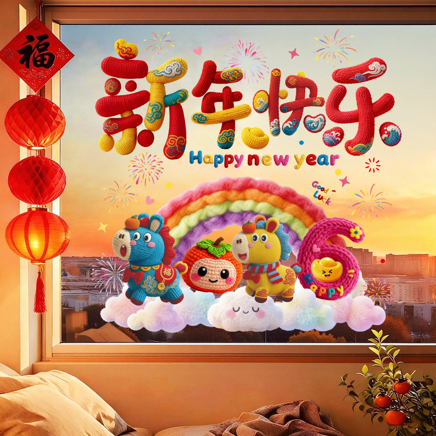 5D针织风马年窗花贴纸2026新年窗