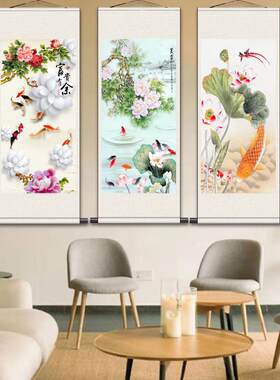 羊开泰出水芙蓉九鱼图玉兰黄雀花鸟挂画丝绸画T挂画茶楼装饰画定