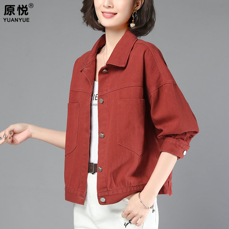 红色牛仔外套女短款2022年春季新款妈妈休闲女士薄款春秋夹克上衣