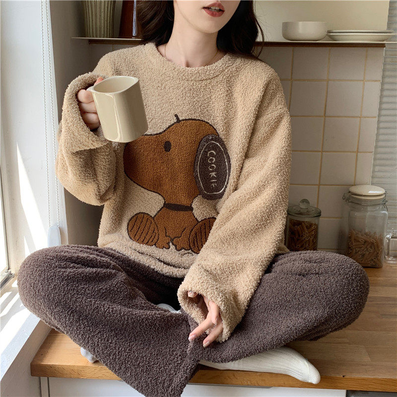 可爱珊瑚绒睡衣女春秋冬季半边绒加厚圆领保暖2025新款家居服套装