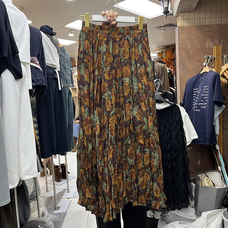 韩系复古玫瑰印花半身裙