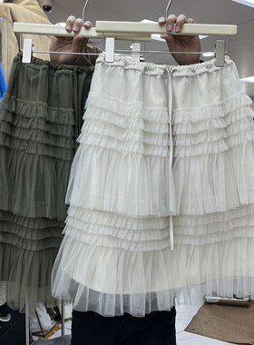 法式绿色系带网纱蛋糕裙女层次感荷叶边蓬蓬A字半身裙小个子中裙