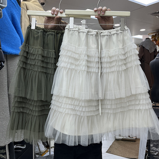 法式 绿色系带网纱蛋糕裙女层次感荷叶边蓬蓬A字半身裙小个子中裙