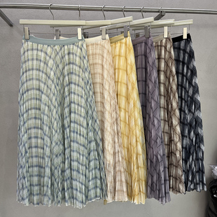 绝美优雅格子网纱百褶半身裙女2026春季 垂感a字压褶大摆长裙 新款