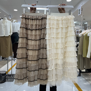 法式 超仙植绒网纱蛋糕半身裙小众甜美撞色层层荷叶边高腰蓬蓬长裙