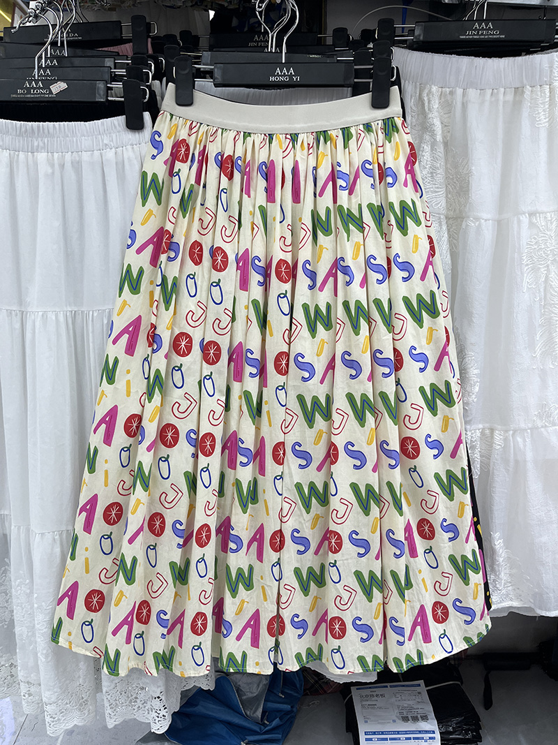 韩国小清新字母印花高腰大摆半身裙女松紧腰宽松a字中长款蓬蓬裙