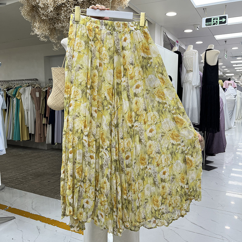 田园风干枯玫瑰印花雪纺半身裙小清新晕染花朵褶皱大摆口袋长裙夏