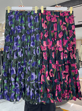 超美紫色花朵压褶大摆半身裙小众设计感印花百褶裙度假风a字长裙