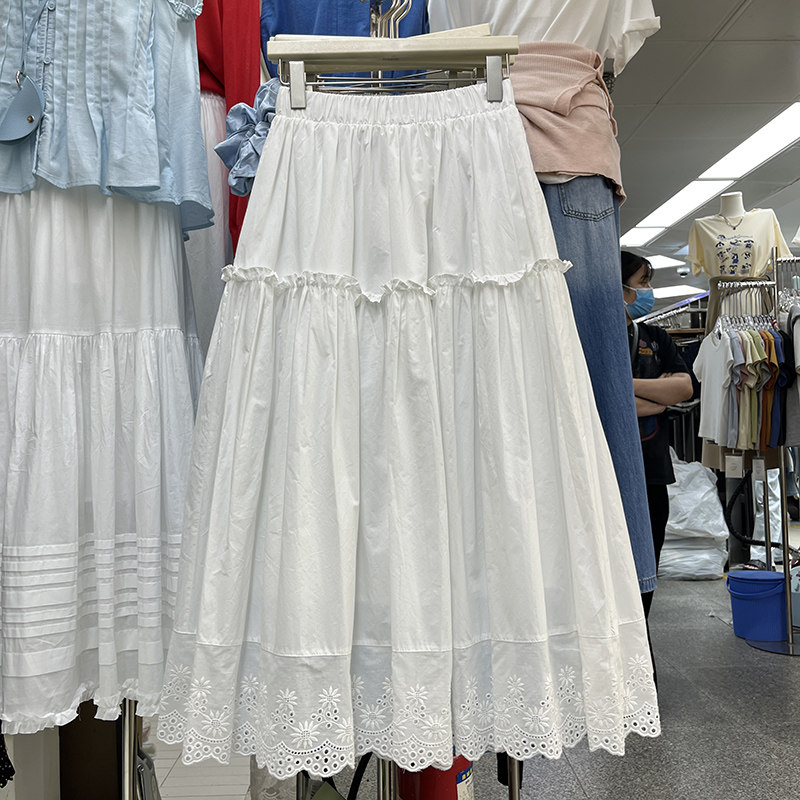 白色棉质镂空刺绣拼接半身裙女2025夏季新款木耳边拼接a字中长裙