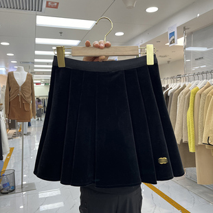 小香风金丝绒百褶半身裙复古减龄a字伞裙女小个子百搭防走光短裙