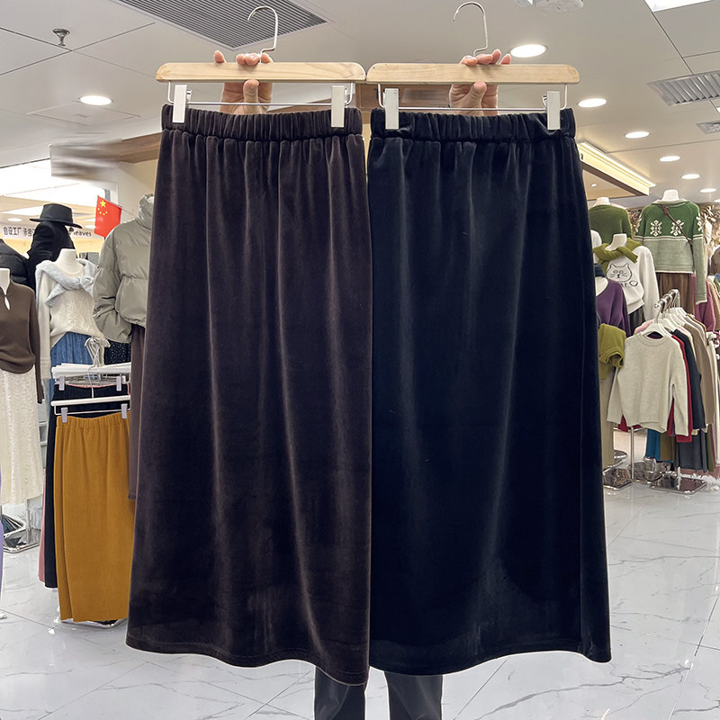 欧货复古金丝绒半身裙女秋冬加绒加厚后开叉包臀裙配毛衣高腰长裙