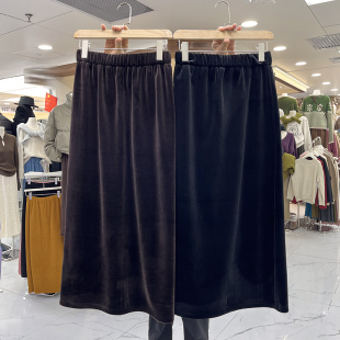 欧货复古金丝绒半身裙女秋冬加绒加厚后开叉包臀裙配毛衣高腰长裙