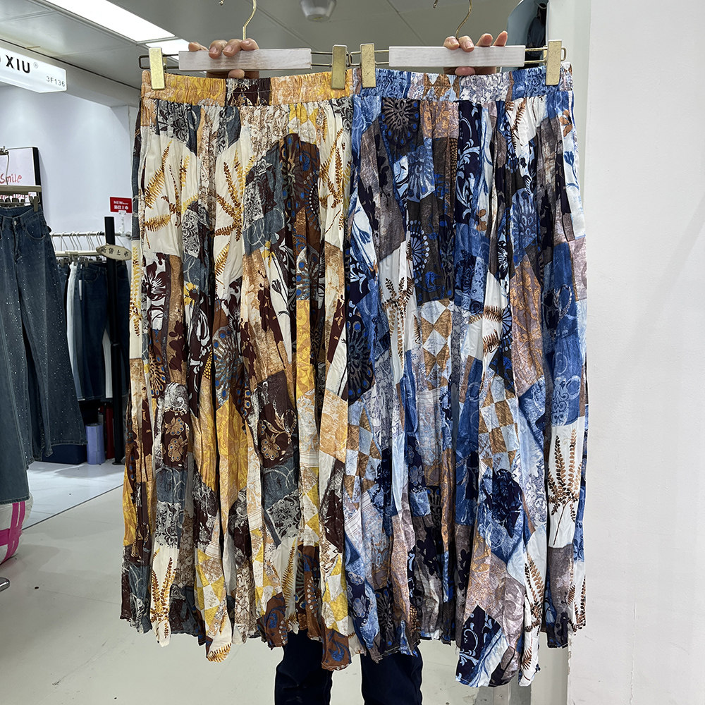 度假民族风印花褶皱半身裙女松紧腰压褶口袋A字裙波西米亚风长裙