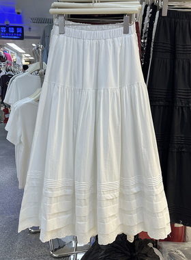 韩国东大门2024秋季新款减龄白色压褶蕾丝花边中长款大摆半身裙女