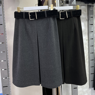 设计感配腰带压褶毛呢A字半身裙女2025秋冬时髦百搭遮胯显瘦中裙