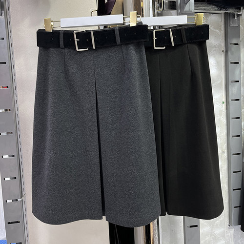 设计感配腰带压褶毛呢A字半身裙