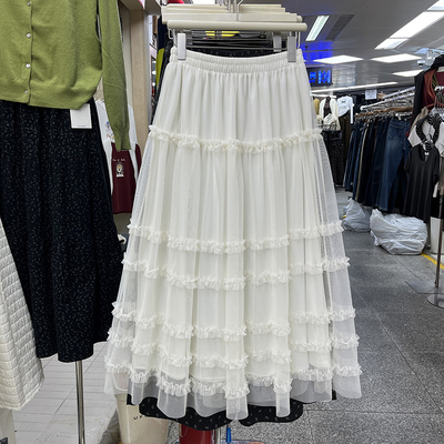 甜美网纱层叠设计感木耳边半身裙