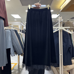 黑色丝绒拼接蕾丝边半身裙女2025秋冬新款加绒加厚显瘦A字冬裙子