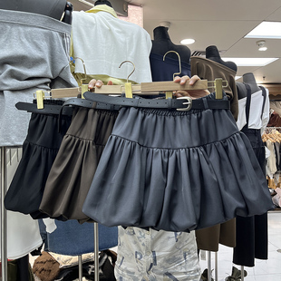 韩版时尚高腰显瘦灯笼短裙女2025早秋季新款配皮带a字花苞半身裙