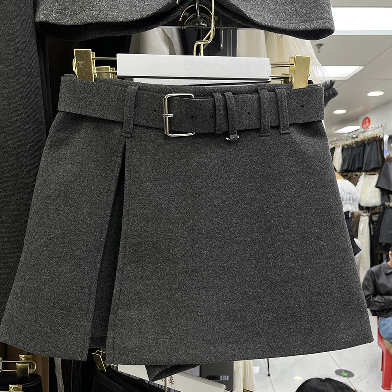设计感侧开叉灰色毛呢半身裙女2025秋冬新款百搭防走光a字短裤裙