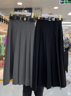 灰色西装百褶裙女大码半身裙高腰显瘦压褶中长款A字裙学院风长裙
