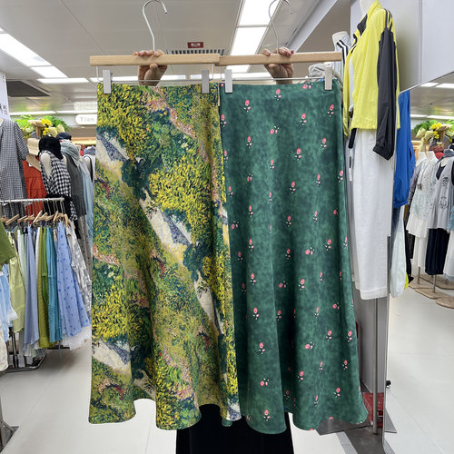 复古油画印花丝滑垂顺鱼尾半身裙
