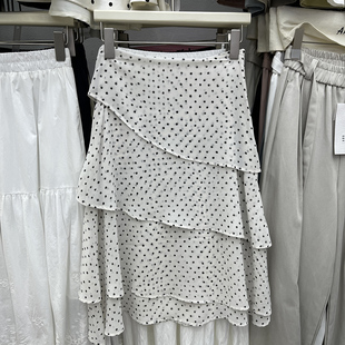 法式 波点雪纺荷叶边半身裙女高腰显瘦不规则蛋糕裙层次感A字中裙