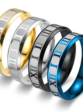 跨境饰品批发 欧美个性罗马数字钛钢指环6MM激光雕刻戒指减压