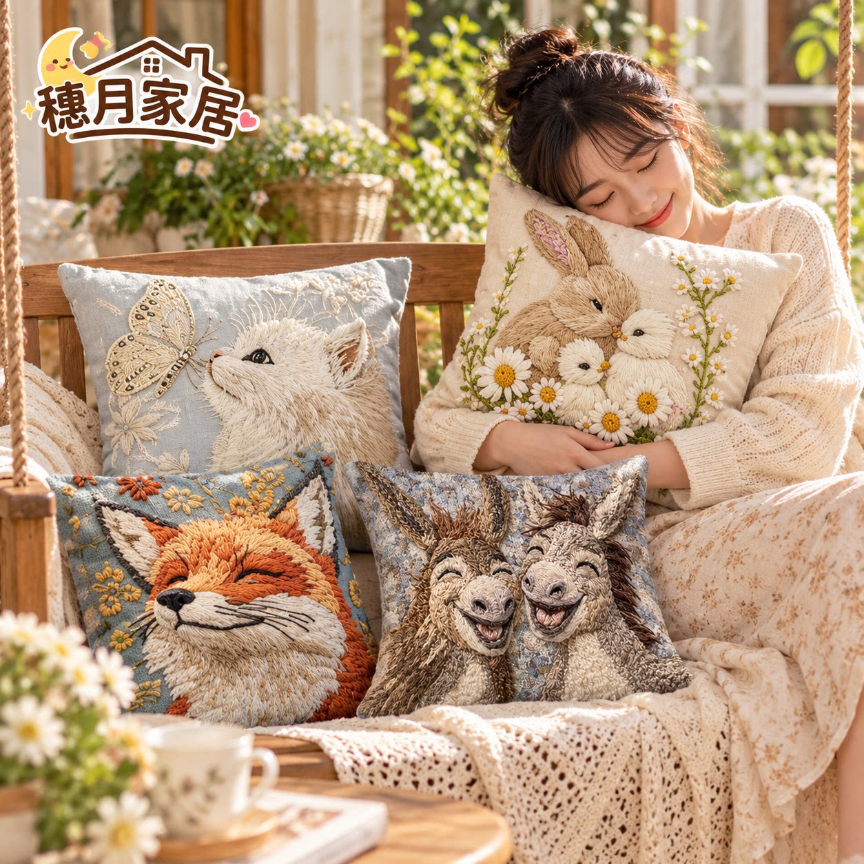 清~猫咪兔子印花抱枕套短毛绒亲肤可爱沙发客厅装饰靠垫套奶油风