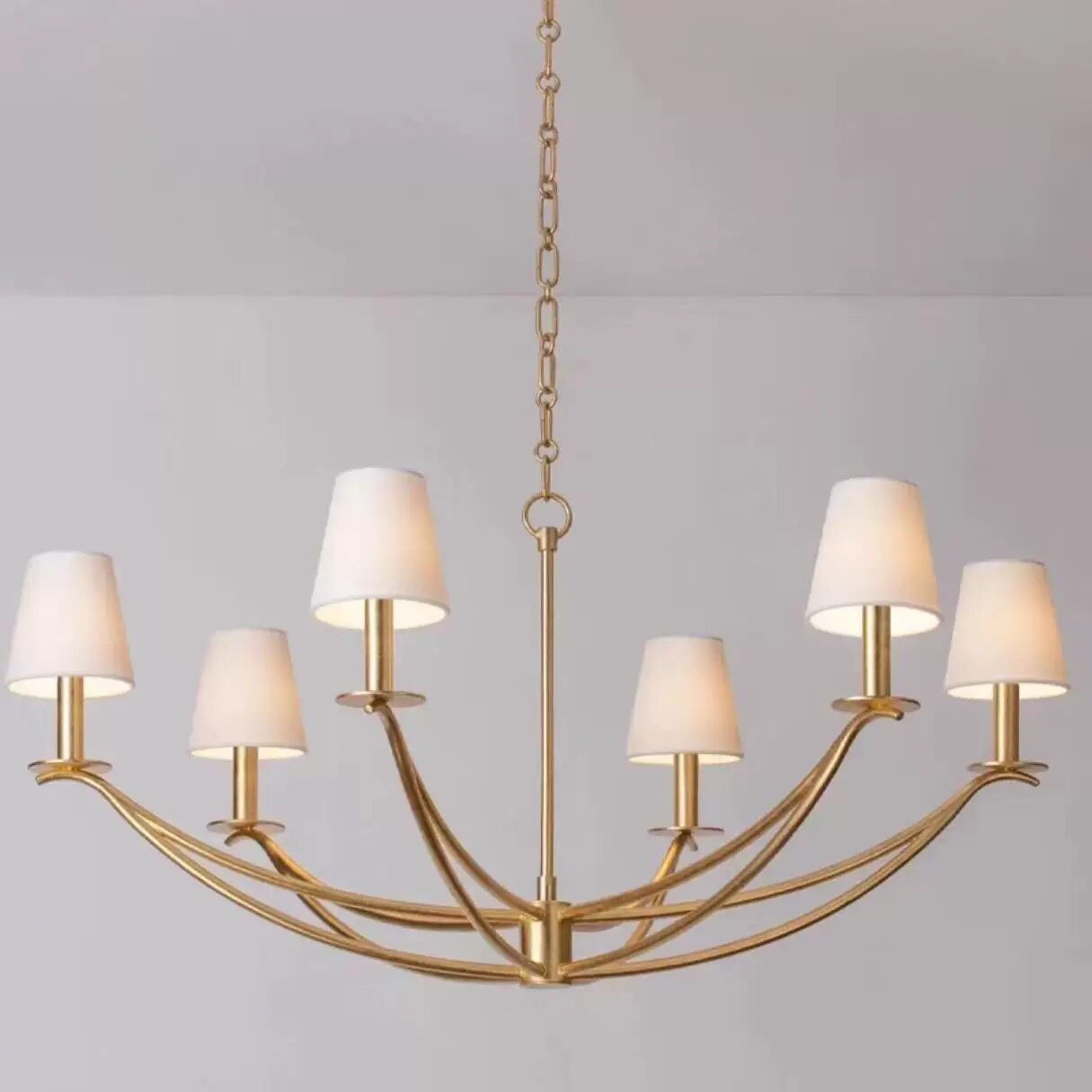 简约美式全铜6头枝形吊灯客厅餐厅卧室简约大气意式布艺灯罩高端