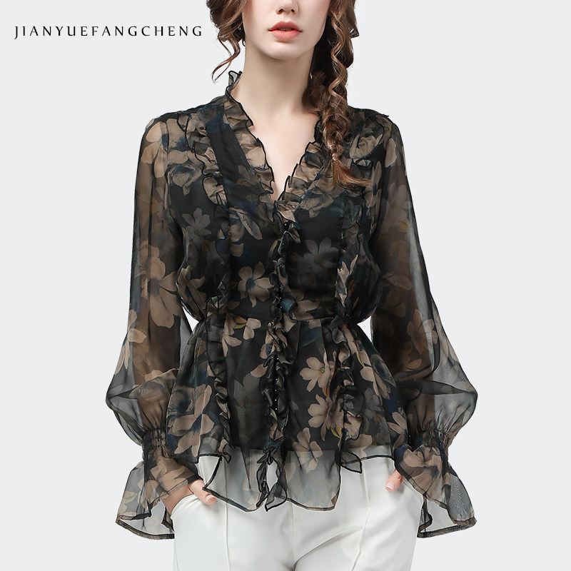 欧洲站遮肚子显瘦碎花小衫收腰洋气V领喇叭袖荷叶边雪纺衫上衣女