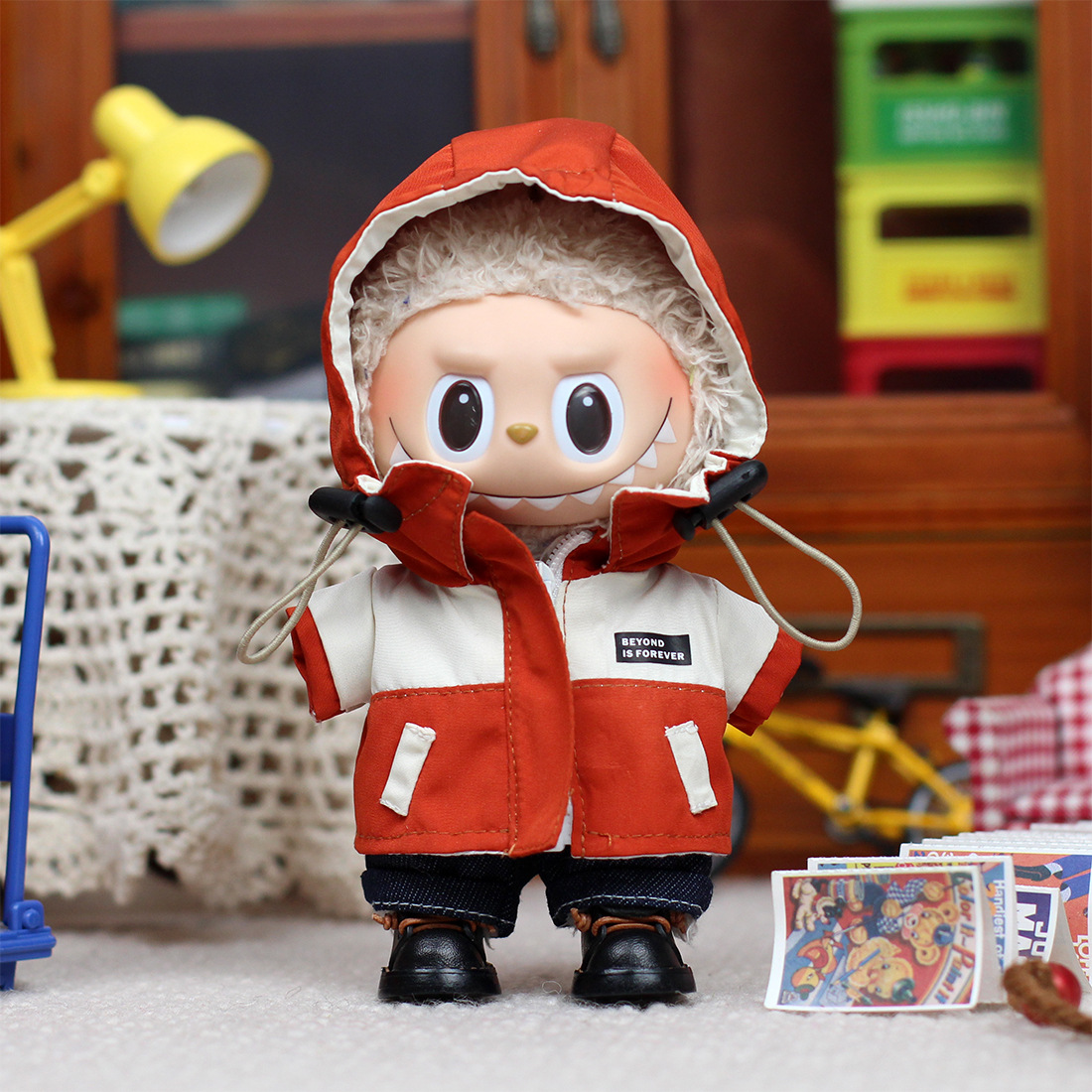 17cm拉布布娃衣搪胶挂件玩偶冲锋衣套装1/2/3代labubu马卡龙衣服