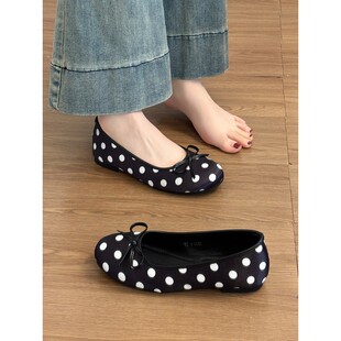 缎面波点芭蕾舞单鞋 羊皮版 女2026春季 平底蝴蝶结温柔晚晚鞋 法式