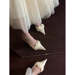 羊皮版~小众设计感时装凉鞋尖头优雅法式高跟鞋花朵装饰浅色日常