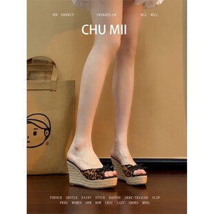 度假风露趾凉鞋 女草编鱼嘴坡跟高跟鞋 复古辣妹豹纹凉拖鞋 羊皮版